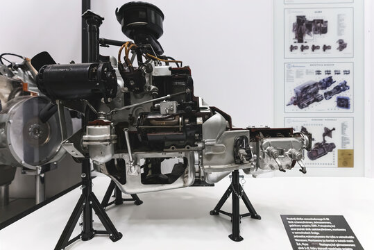 Warsaw, Poland 17.01.2023 Old car engine isolated components detailed, exhibition in the museum. High quality photo