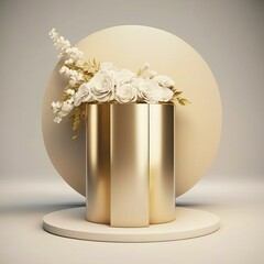 Luxury colored round pedestal, steel podium and flower bouquet. wall for product display background