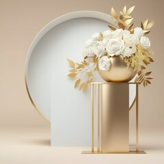Luxury colored round pedestal, steel podium and flower bouquet. wall for product display background