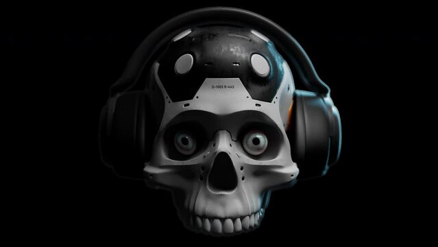 a futuristic human skull wearing headphones with a powerful bass effect and crazy eyes appearing out of the dark. theme music or games. the video has an alpha channel
