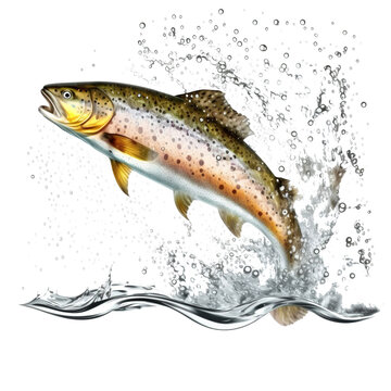 an illustration of a jumping trout with water splashes on transparent background