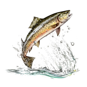 an illustration of a jumping trout with water splashes on transparent background
