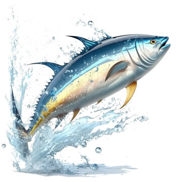 an illustration of a jumping tuna fish with water splashes on transparent background