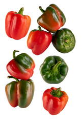 set of green peppers and red peppers on a white isolated background.
