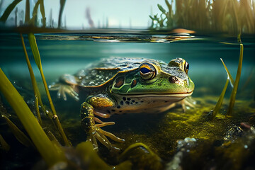 Green frog swims in the water.generative ai