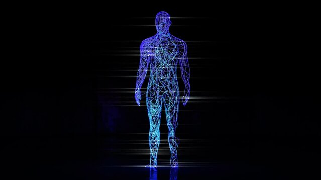 Artificial intelligence creation concept. In a certain space, neon lines create a human shape, a connection between man and machine.
