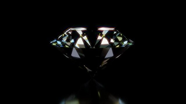 Diamond rotating 360 seamless loop. Isolated crystal diamond refracting rainbow caustic reflection light.