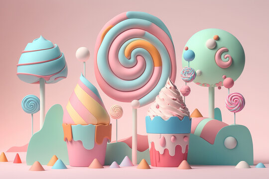 Candyland made of sweets, cakes and marshmallows. 3D Render, Generative Ai.