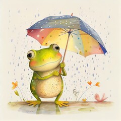 Frog with an umbrella in the rain. Cute. Whimsical. Generative AI