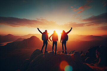 Fototapeta premium three friends celebrating success on top of a mountain.generative ai