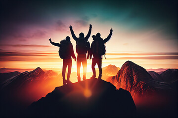 Fototapeta na wymiar three friends celebrating success on top of a mountain.generative ai