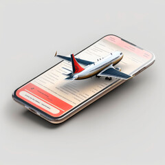Flight app on the screen, phone with online booking and ticket purchase, check in, flight search, A plane leaving the screen. travel. Illustration. Generative AI