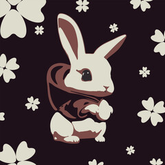 Obraz premium Cute little rabbit with easter egg on black background with white flower. Holiday modern poster. Vector illustration.