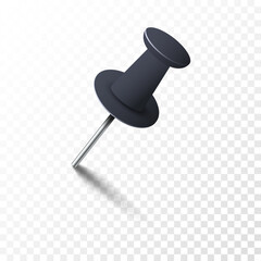 Realistic black pin tack with shadow isolated on transparent background. Plastic paperwork and sewing accessory. Thumbtack at an angle view. 3d vector illustration