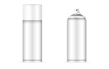 Realistic spray bottles with opened and closed cap. Aluminum hairspray aerosol bottle.  Blank deodorant can cylinder. Mockup design for cosmetics product package branding. 3d vector illustration
