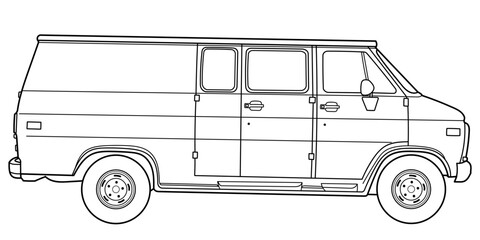 Classic american van bus car. Side view shot. Outline doodle vector illustration   © Anton Baranovskyi