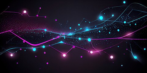 Fototapeta na wymiar Abstract dot point connect with gradient line, neon blue and pink colors on a dark background, technology banner, big data, network, cloud, computing - generative ai