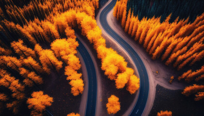 Aerial view of road in colorful forest at sunset in autumn. Top view from drone of mountain road in woods. Beautiful landscape with roadway. Generative AI