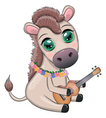 A cute donkey in a flower wreath with a guitar, a hula dancer from Hawaii. Summer card for the festival, travel banner