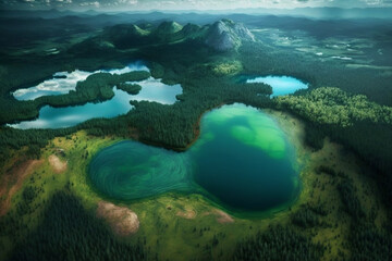 Fototapeta na wymiar Aerial view of blue lakes and and hills with green forests Generative AI