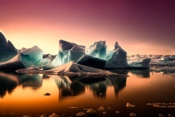 Antarctic ocean, iceberg landscape, turquoise and blue water, sunny day. Multi color illustration.