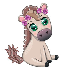 Cute cartoon horse, pony for card with flowers, balloons, heart