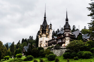 Fototapeta na wymiar Peles castle in a rainy day. Sinaia, Romania.