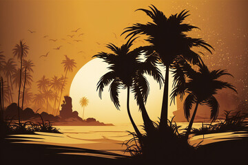 Fototapeta na wymiar sunset background with palm trees on the beach