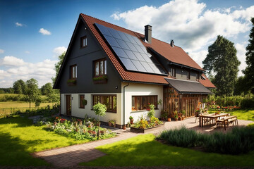 Fototapeta na wymiar Country house with photovoltaic solar panels on rooftop, harnessing the power of the sun to provide clean energy. Generative AI