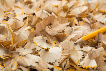 Pencils being sharpened  and collection of wood shavings.