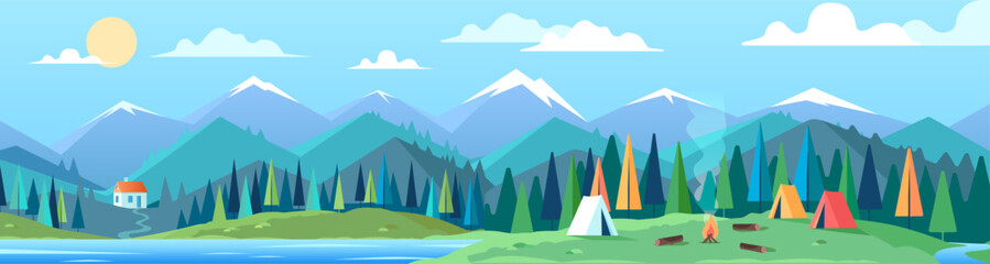 Mountains panorama landscape and tourist camp illustration