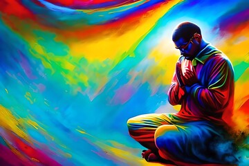 Abstract Art. Colorful Painting Art Of A Man Praying And Worshiping. Christian Worship And Praise Illustration. Generative AI