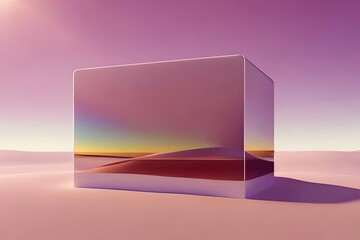 Abstract Pastel Pink Creative Concept In The Desert On The Hot Sand, Seashore Big Glass white Cube Shaped Stand, Young Man Enjoying On The Beach. Illustration. Generative AI