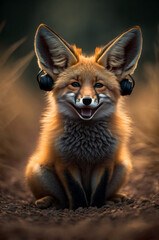 Obraz premium Fox with Headphones Looking Happy, AI Generative