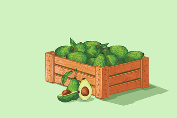 Wooden box with avocado. Home farm brand concept for growing avocado fruit. Harvest. Design a poster or banner for a fruit and vegetable store. Vector illustration. Drawn style
