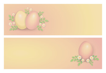 Pink and yellow easter  3d eggs wide banner design, set of spring floral easter holiday headers