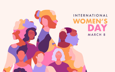 International Women's Day banner concept. Vector flat modern illustration of three female silhouettes of different nationalities, consisting of a pattern of abstract diverse female portraits - obrazy, fototapety, plakaty