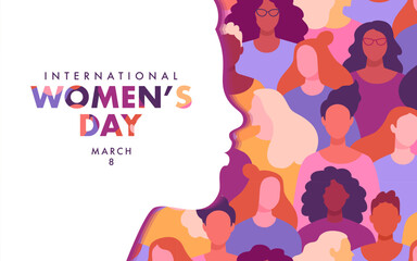 International Women's Day banner concept. Vector modern flat illustration of a silhouette of a female portrait in profile against a background of a pattern of diverse female figures