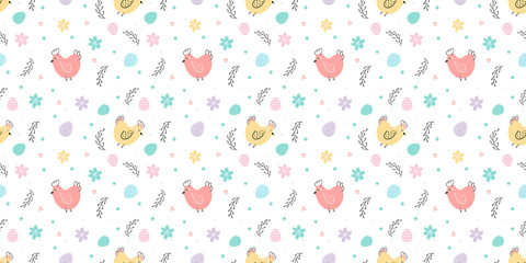 Easter seamless pattern. Background with Chicken , Easter eggs, willow