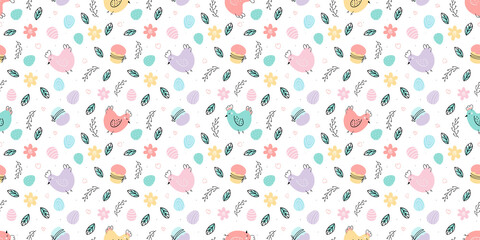 Easter seamless pattern. Background with Chicken , Easter eggs, willow