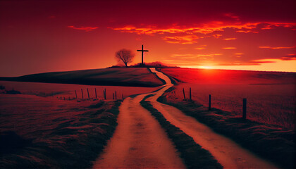 Christian cross at the end of the road at sunset, AI generative