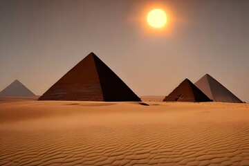 Egyptian Pyramids In Desert With Evening Sunset. Generative AI
