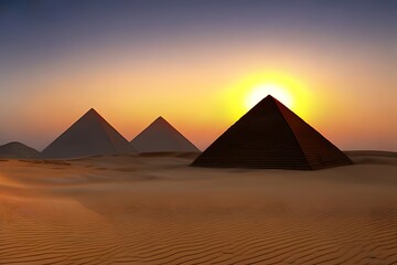 Fototapeta na wymiar Egyptian Pyramids In Desert With Evening Sunset. Generative AI