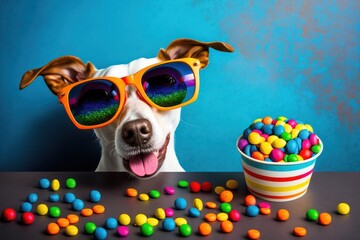 Cool Dog with sunglasses with candies on colorful background. The dog is watching a movie! Generative ai