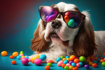 Cool Dog with sunglasses with candies on colorful background. The dog is watching a movie! Generative ai