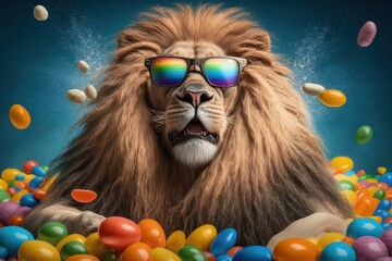Cool Lion with sunglasses with candies on colorful background. The lion is watching a movie! Generative ai