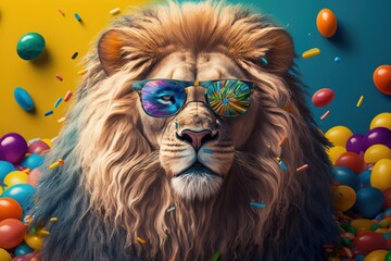 Cool Lion with sunglasses with candies on colorful background. The lion is watching a movie! Generative ai