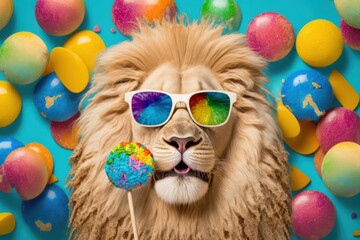 Cool Lion with sunglasses with candies on colorful background. The lion is watching a movie! Generative ai