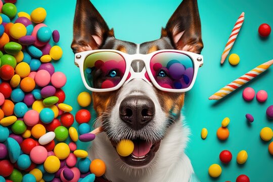 Cool Dog with sunglasses with candies on colorful background. The dog is watching a movie! Generative ai