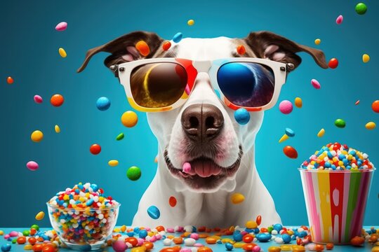 Cool Dog with sunglasses with candies on colorful background. The dog is watching a movie! Generative ai